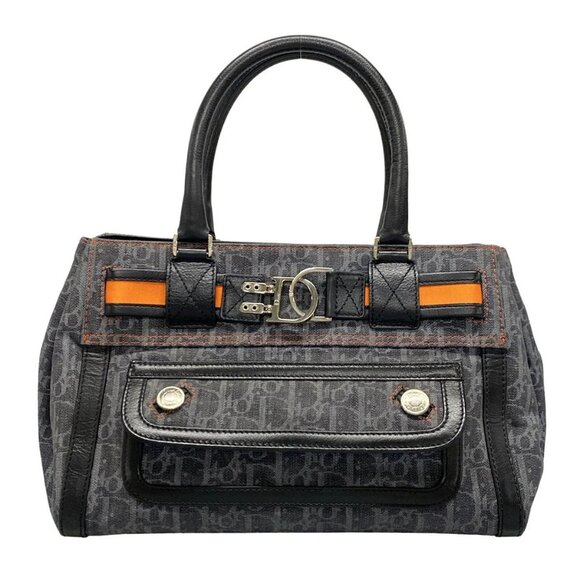 Auth DIOR/ChristianDior Flight Navy Gray Orange Denim Leather Tote Bag - Picture 1 of 16